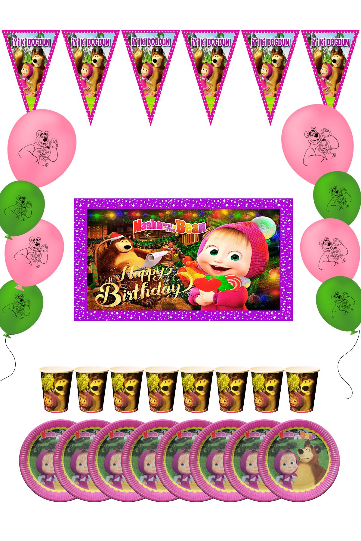 snowparty Maşa ile Koca Ayı Bayraklı Ve Afişli Masha The Bear Doğum Günü Parti Malzemeleri Süsleri Seti