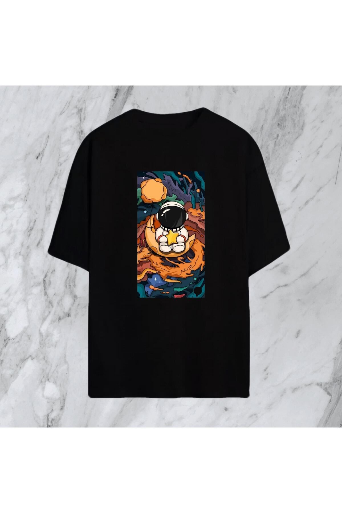 donamod Oversize Unisex Sanatsal Astronot Siyah Tshirt
