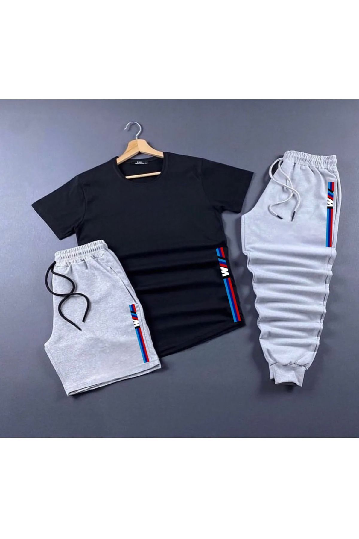 NEW TRENDY COLLECTİON Şort-eşofman-tshirt Desenli Takım %100 Pamuklu Ürünler 3 Lü Set Uni̇sex