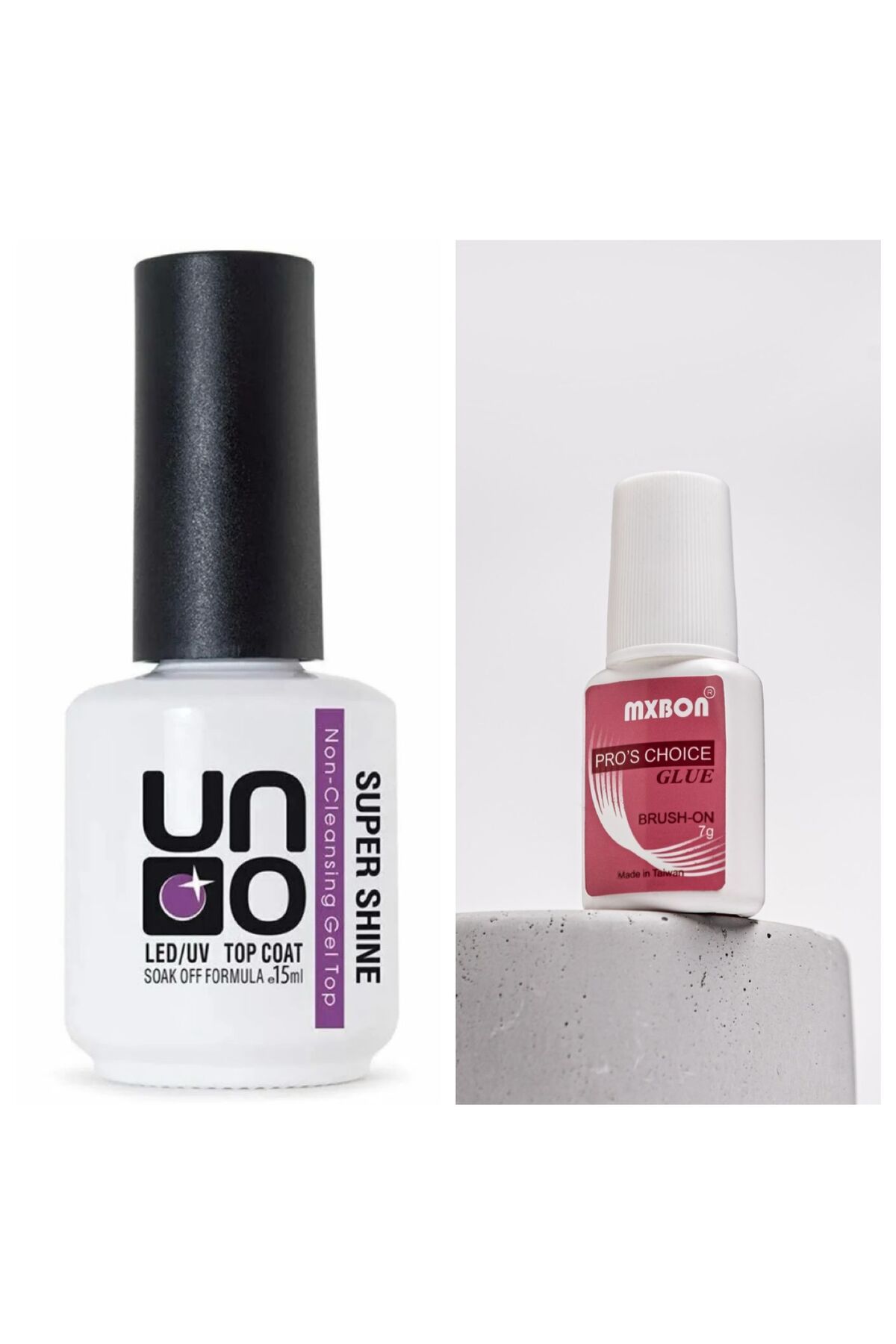 QNAİL PROFESSİONAL Uno Top Coat 15 ml Super Shıne+Mxbon protez tırnak yapıştırıcısı 2'li set