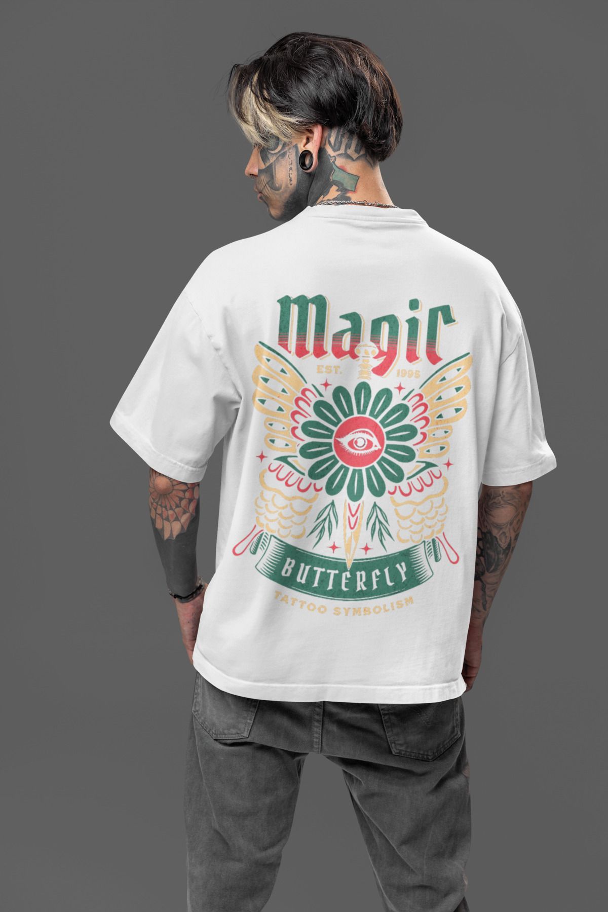 MAGORS MAGIC BUTTERFLY SIRT BASKILI BİSİKLET YAKA PAMUKLU OVERSIZE KALIP KISA KOLLU ERKEK TSHIRT