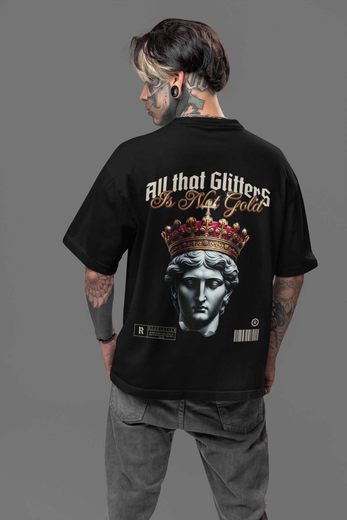 MAGORS KRAL TAÇLI HEYKEL SIRT BASKILI BİSİKLET YAKA PAMUKLU OVERSIZE KALIP KISA KOLLU ERKEK TSHIRT