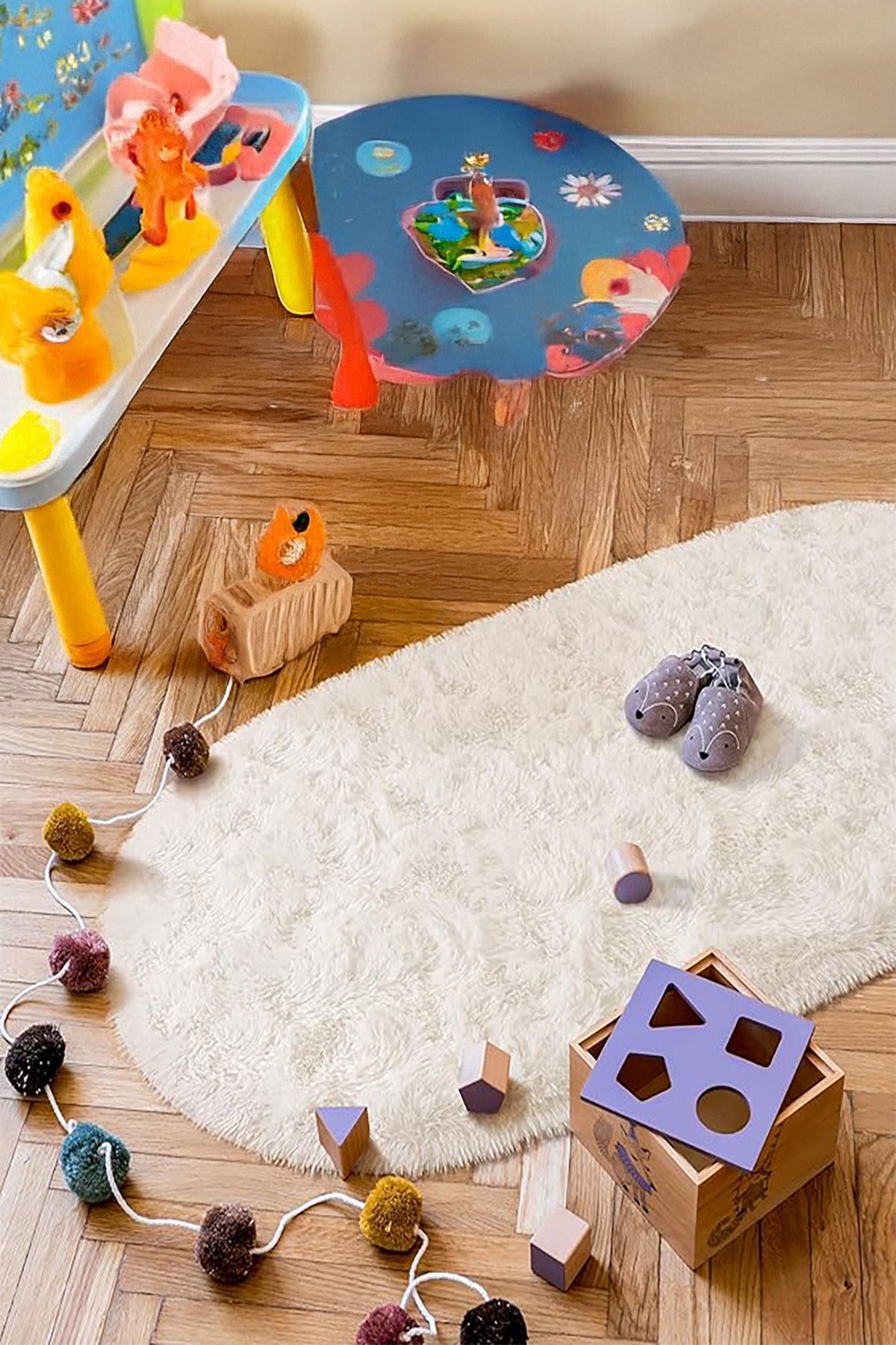 GH Geyikli Home Krem Oval Peluş Halı Post Kürk Yumuşak Halı Kaymaz Taban Makinede Yıkanabilir