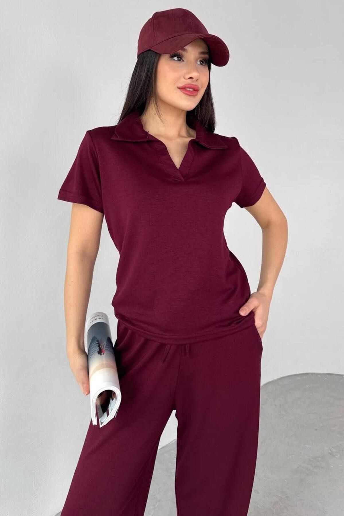 FIABAFASHİON fiabafashion Modal kumaş kadın polo yaka kısa kol pantolon takım