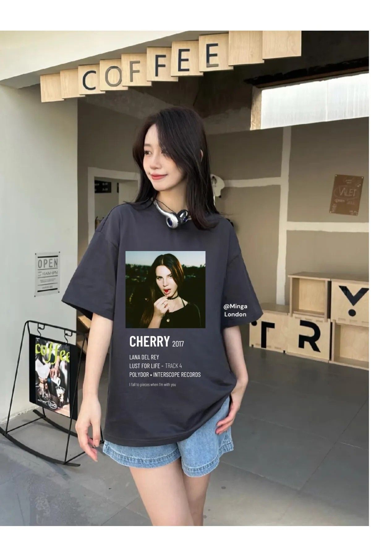 DEEFWEAR Füme Lana Del Rey Cherry Ön Baskılı Oversize Unisex T-shirt