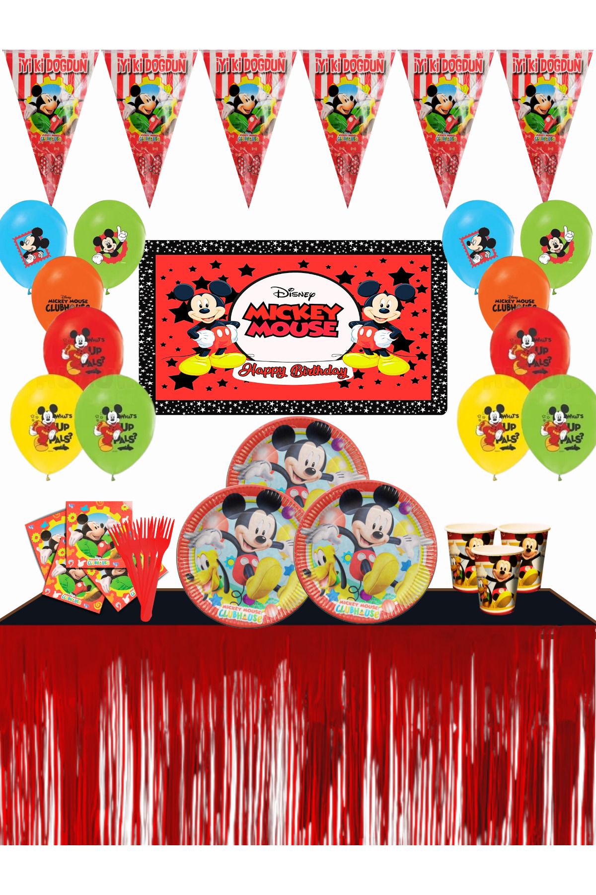 snowparty Mickey Mouse Miki Afişli Metalize Masa Etekli Doğum Günü Parti Malzemeleri Süsleri Seti