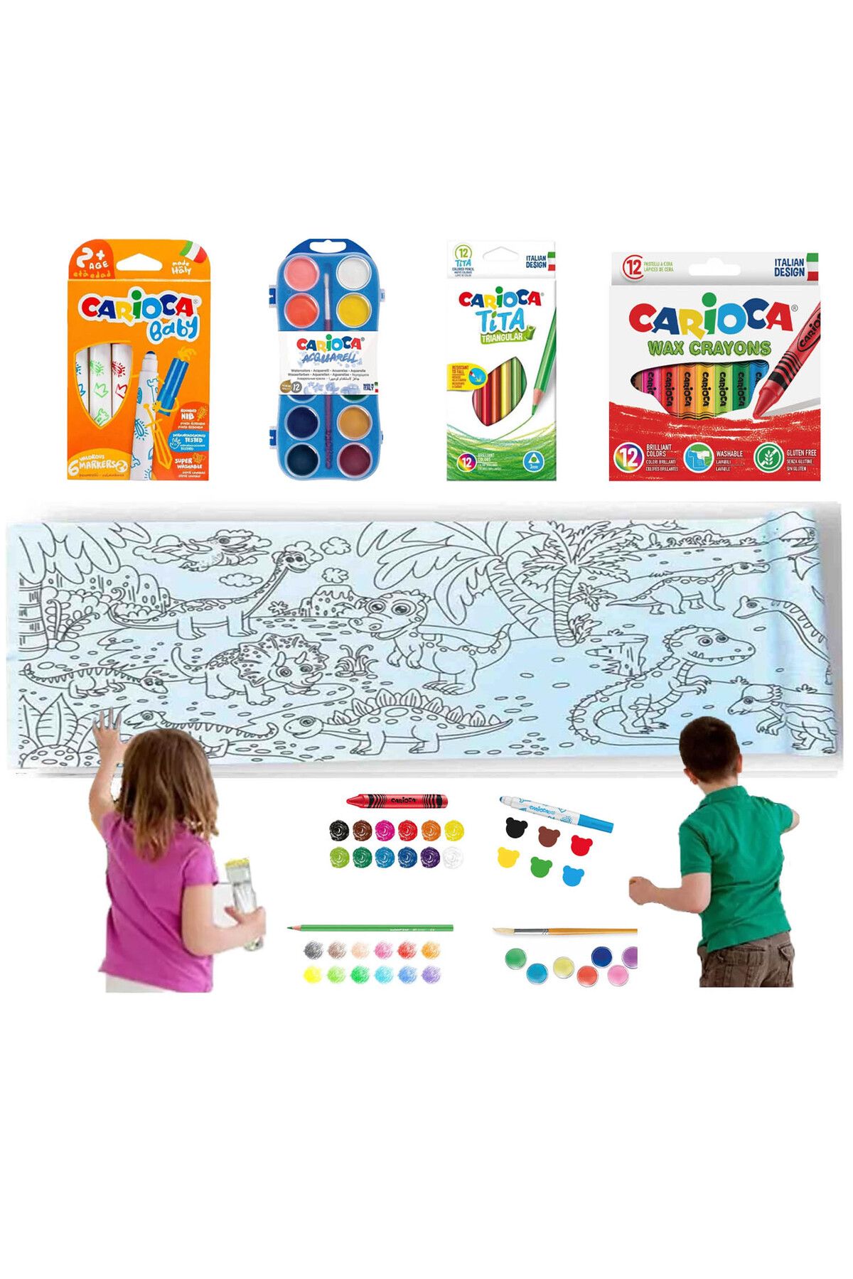 OFİSİNN Carioca 4'lü Boyama seti + Lino Yapışkanlı Boyama Kağıdı 200x30 cm Age Of Dınosaurs