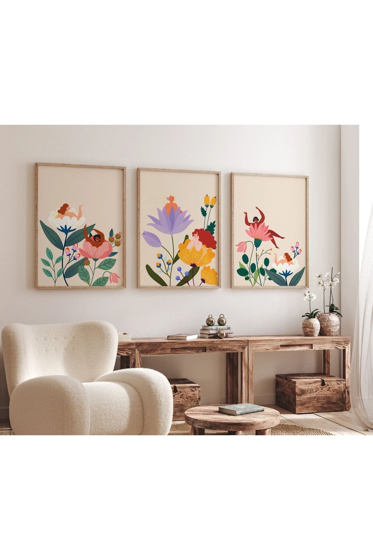Dekorsiahome 3 Parça Ahşap Çerçeveli Oturma Odası Salon Mutfak Tablo Seti SET3175