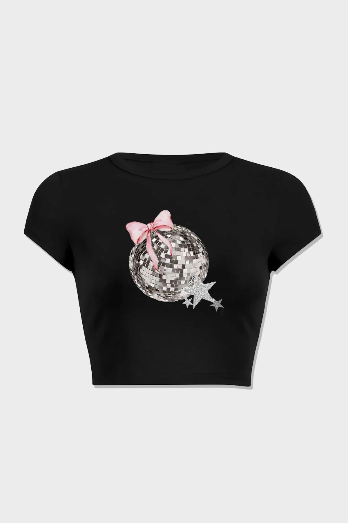 3 ROPE Kadın Disko Topu Kurdele Baskılı %100 Pamuk Crop T-Shirt Bluz