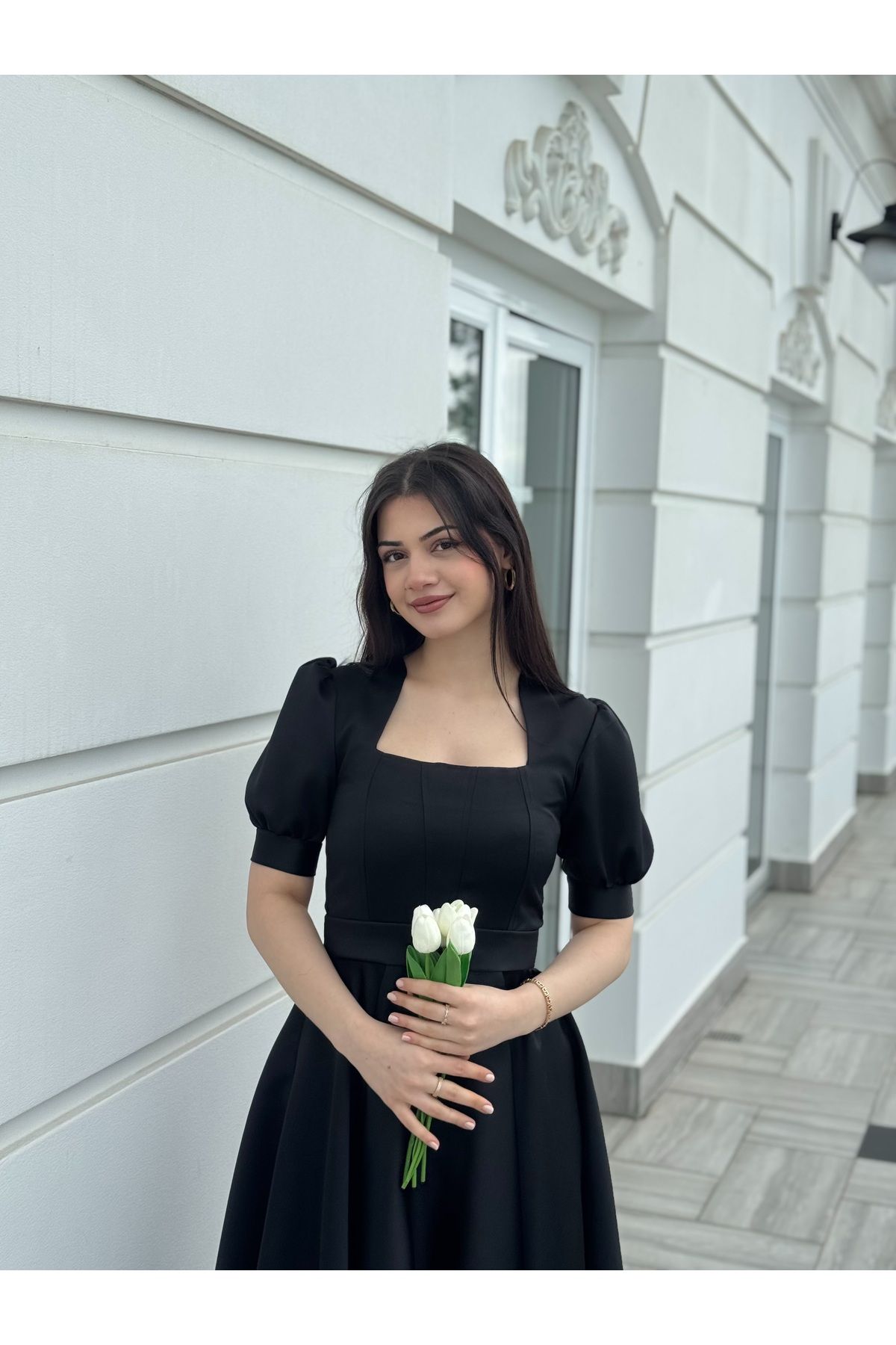 essolaria MİRA Kadın Siyah Dikiş Detaylı Modern Elbise/Abiye