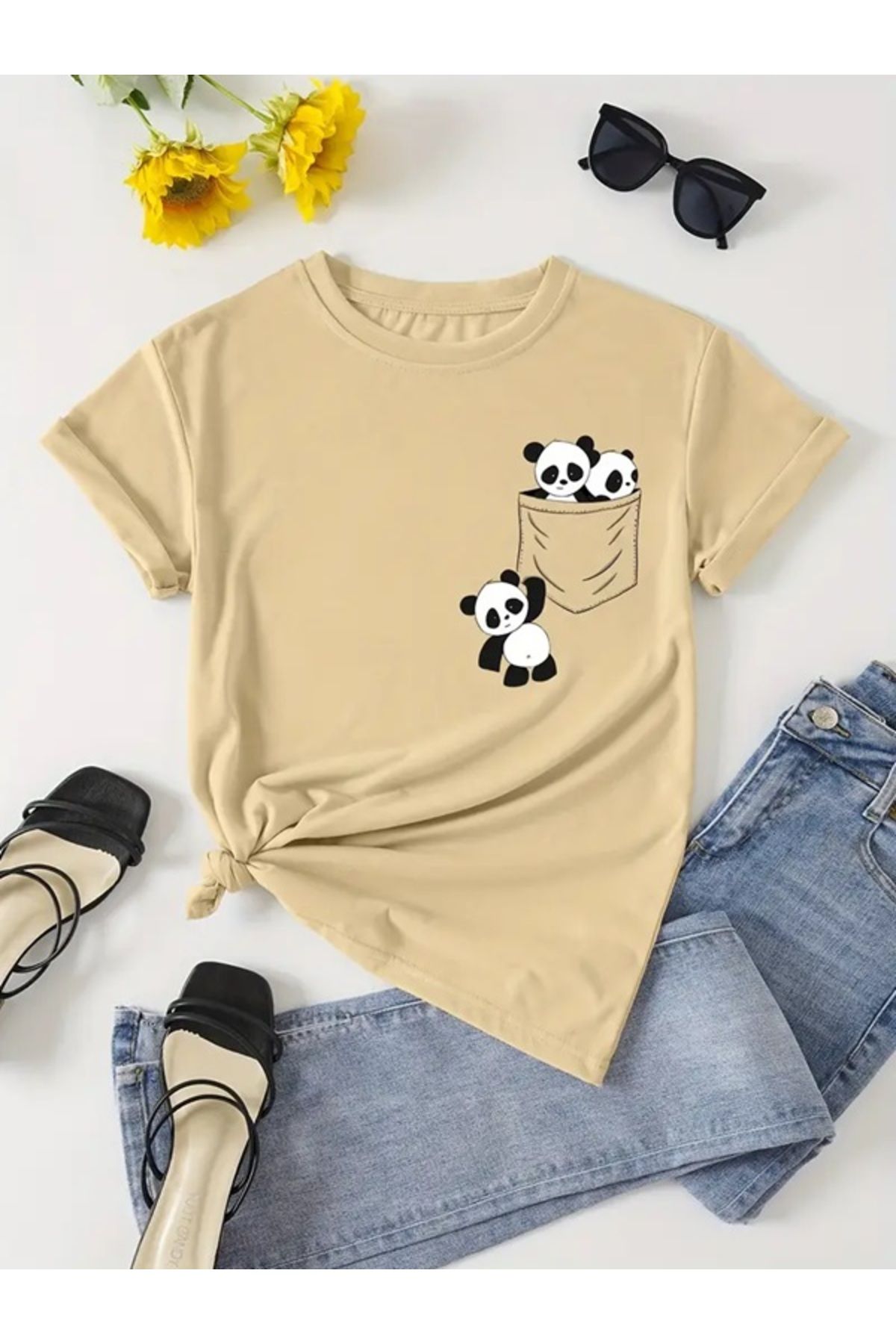 EXPECTED Unisex Sevimli Pandalar Baskılı Pamuklu, Oversize, Şık, Günlük T-shirt