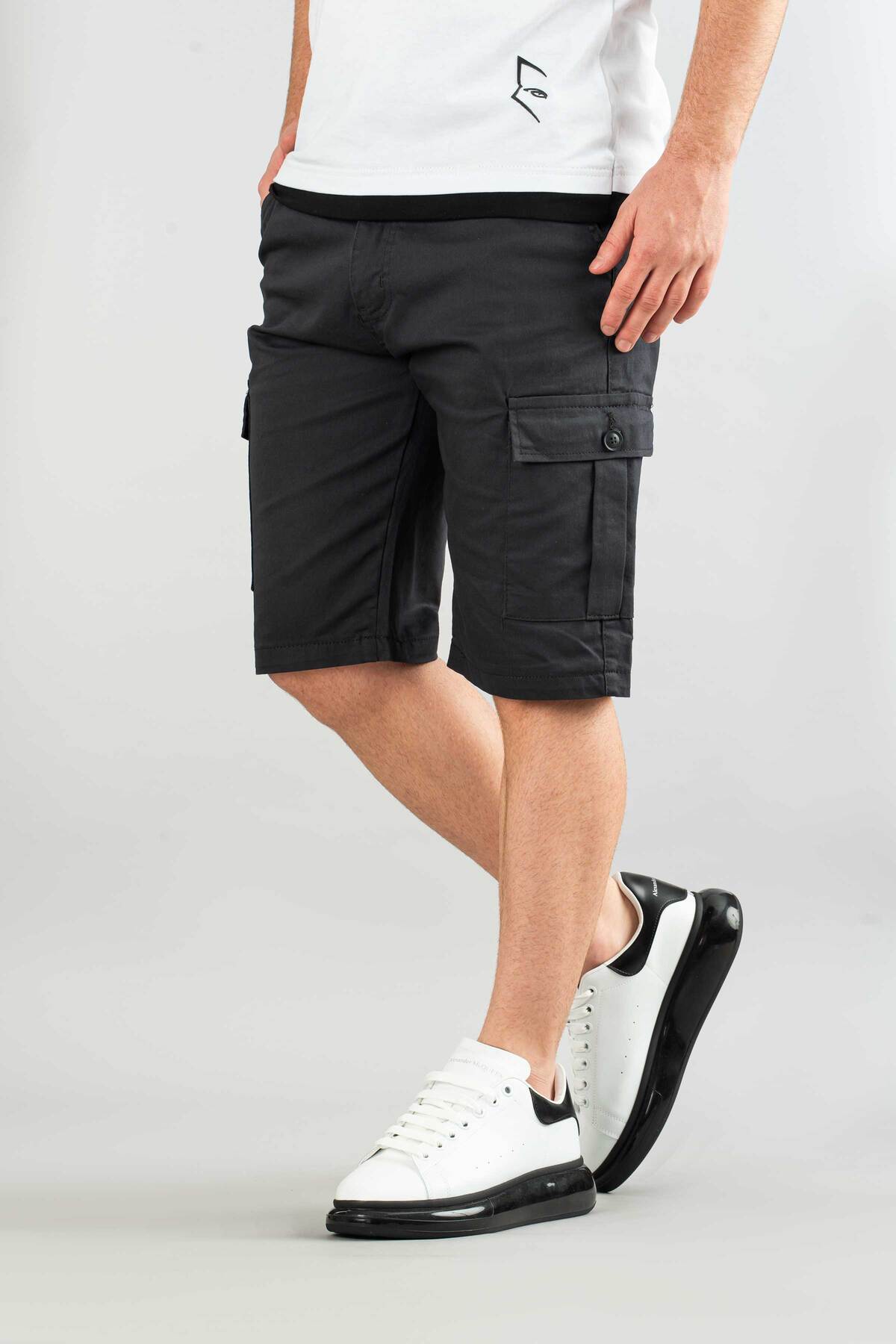bombe  Erkek Füme Basic Gabardin Bermuda Kanvas Likralı Kargo Cepli Şort - Görsel 4