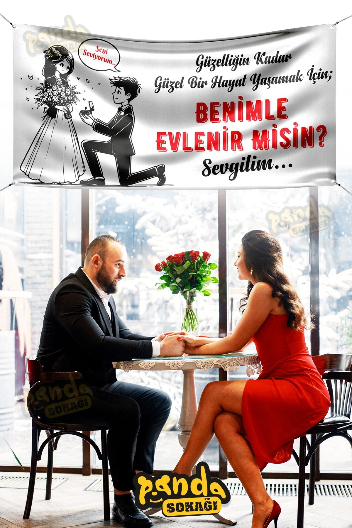 PANDA SOKAĞI Evlilik Teklifi Pankartı, Benimle Evlenir Misin Pankartı, Özel Gün Pankart, Evlilik Teklifi 200x100