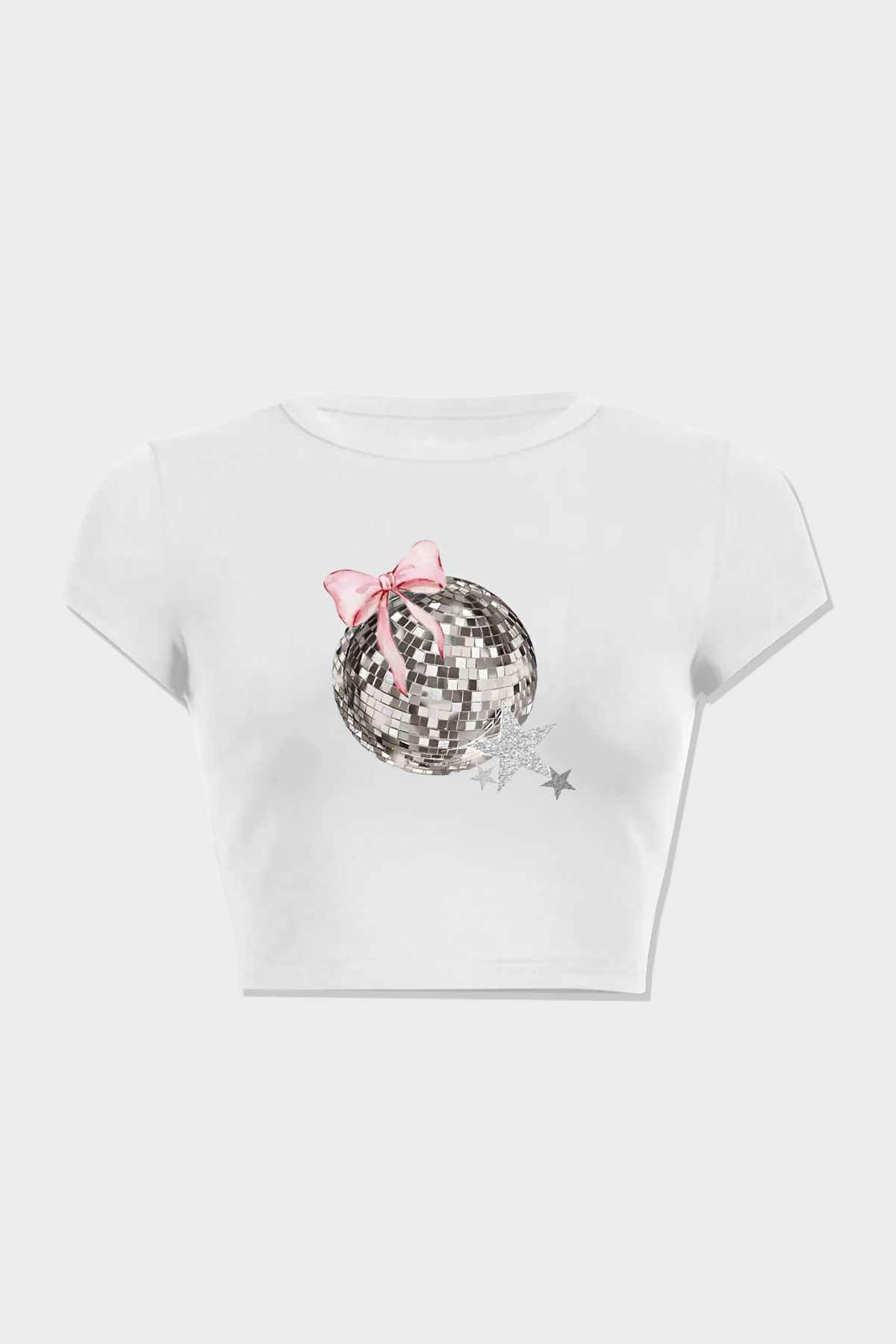 3 ROPE Kadın Disko Topu Kurdele Baskılı %100 Pamuk Crop T-Shirt Bluz
