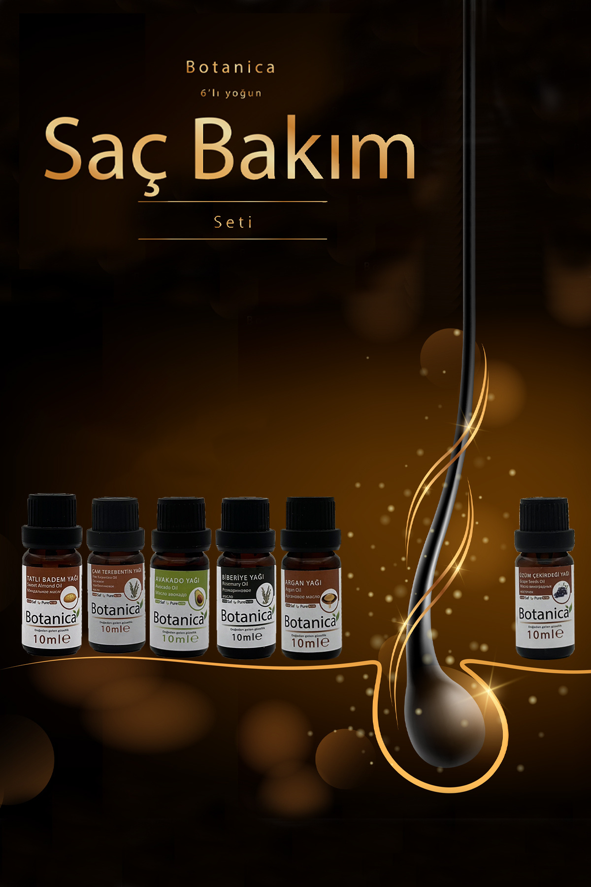 botanica Saç Bakım Seti 6'lı Bakım Badem Çam Terebentin Avokado Biberiye Argan Üzüm Yağı 6 x 10 ml= 60 Ml