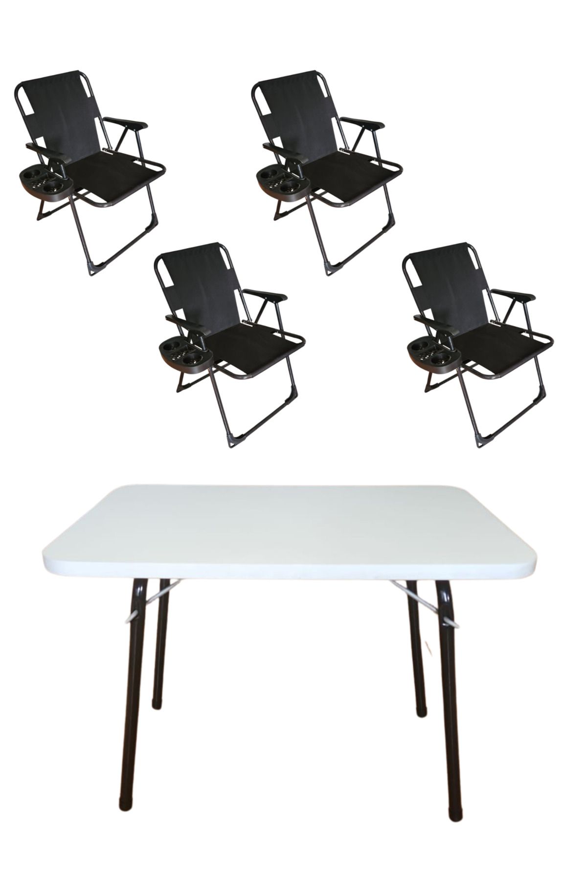 bodygym 4 Adet Lüks Plastik Kollu Bardaklıklı Kamp Sandalyesi Ve 1 Adet 60x45 Cm Katlanır Beyaz Masa