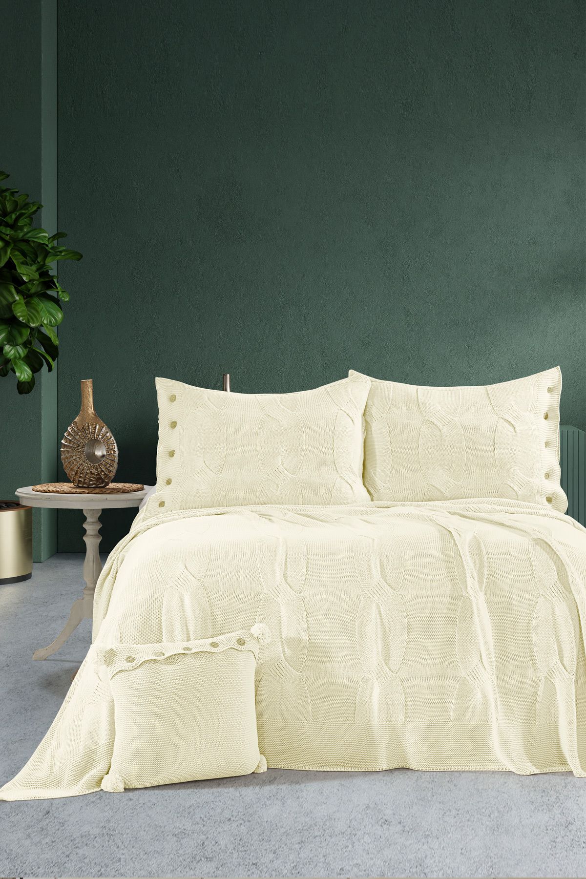 DOUX HOME Calve Çift Kişilik Triko Yatak Örtüsü Seti 240 x 260 cm Kemik