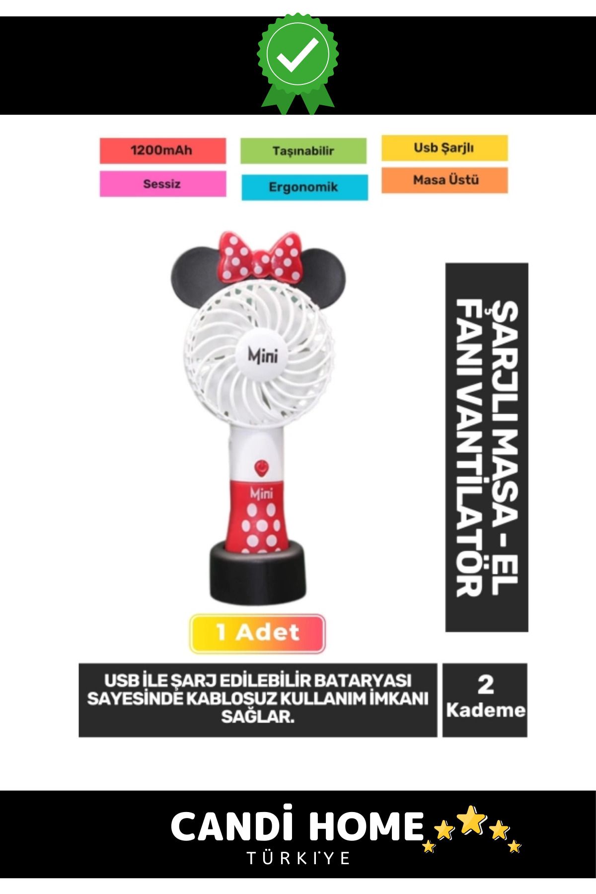 HOBİ CONDİ New Premium Özel Seri Sessiz 2 Kadem Kablosuz 1200mAh Pervaneli Usb Şarjlı Masa El Fanı Vantilatör