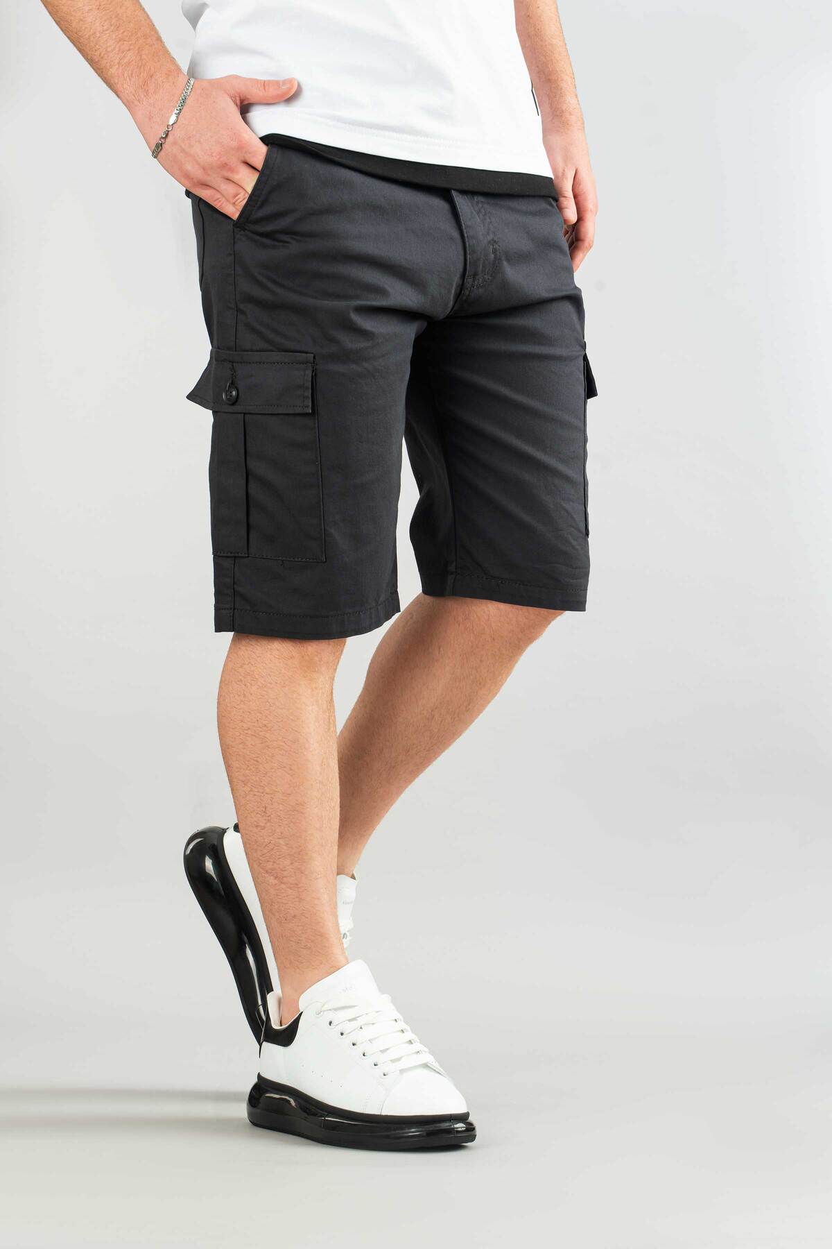 bombe  Erkek Füme Basic Gabardin Bermuda Kanvas Likralı Kargo Cepli Şort - Görsel 6