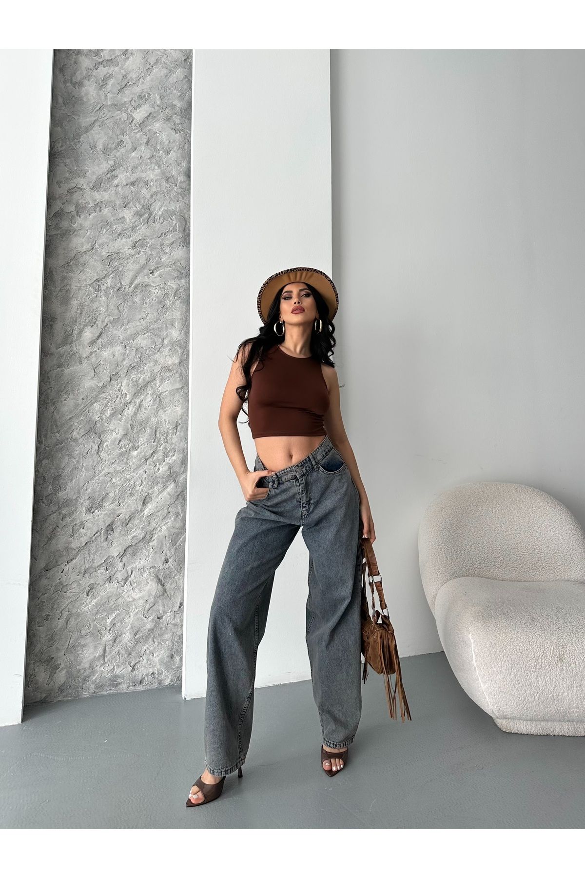 DESTEMODA Kadın Kot Baggy Jeans Denim Pantolon Kar Yıkama Kahve Tint 4000