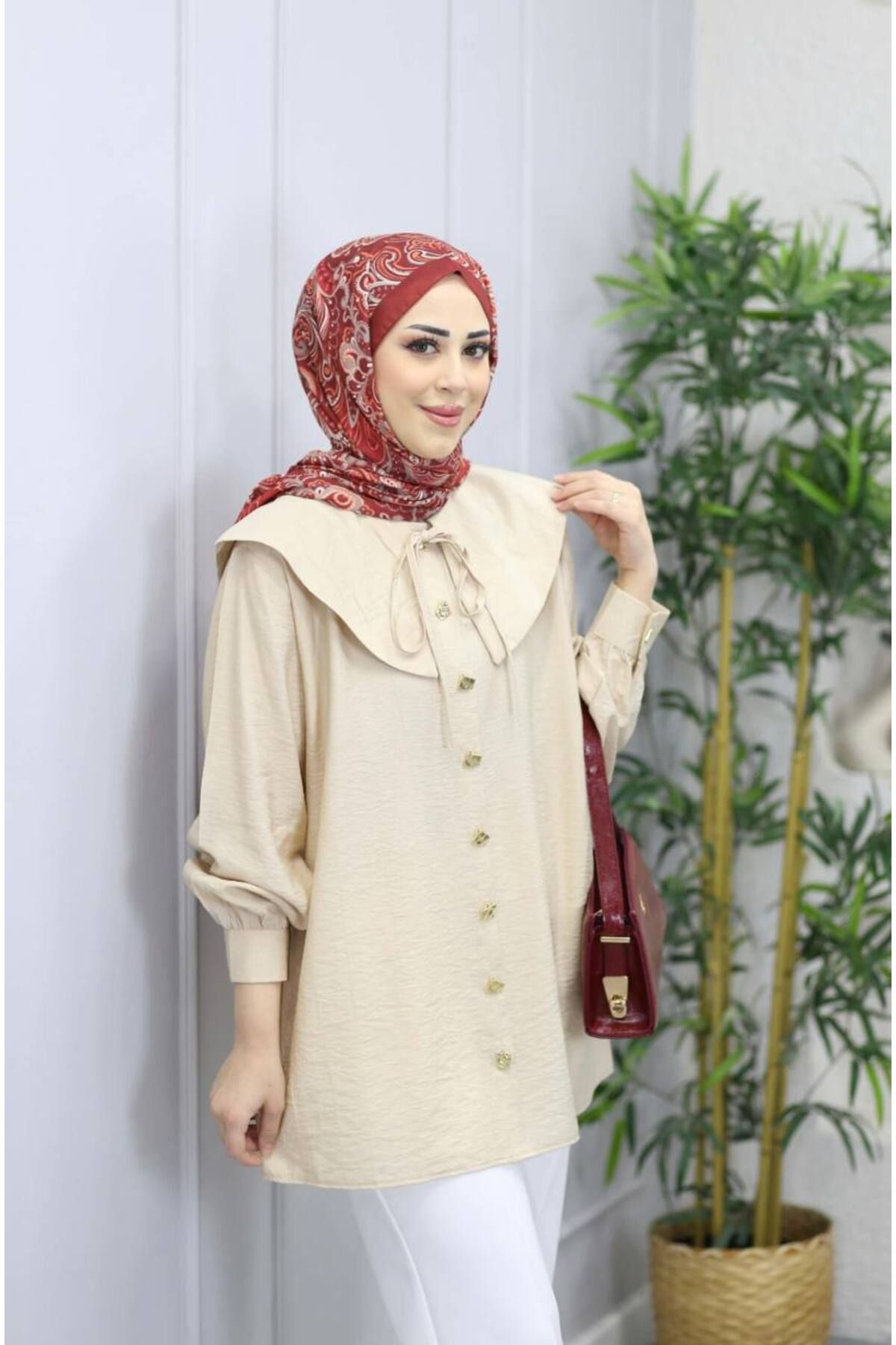 Suede Style 10072 - İplik Bağlamalı Bebe Yaka Kadın Uzun Gömlek