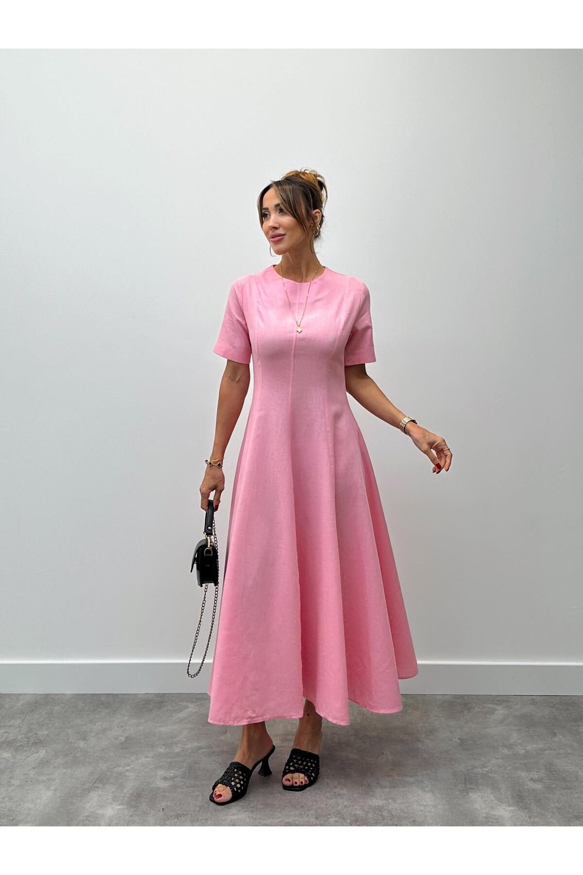 Maldia Shop Kadın Maxi Boy Pembe Keten Elbise