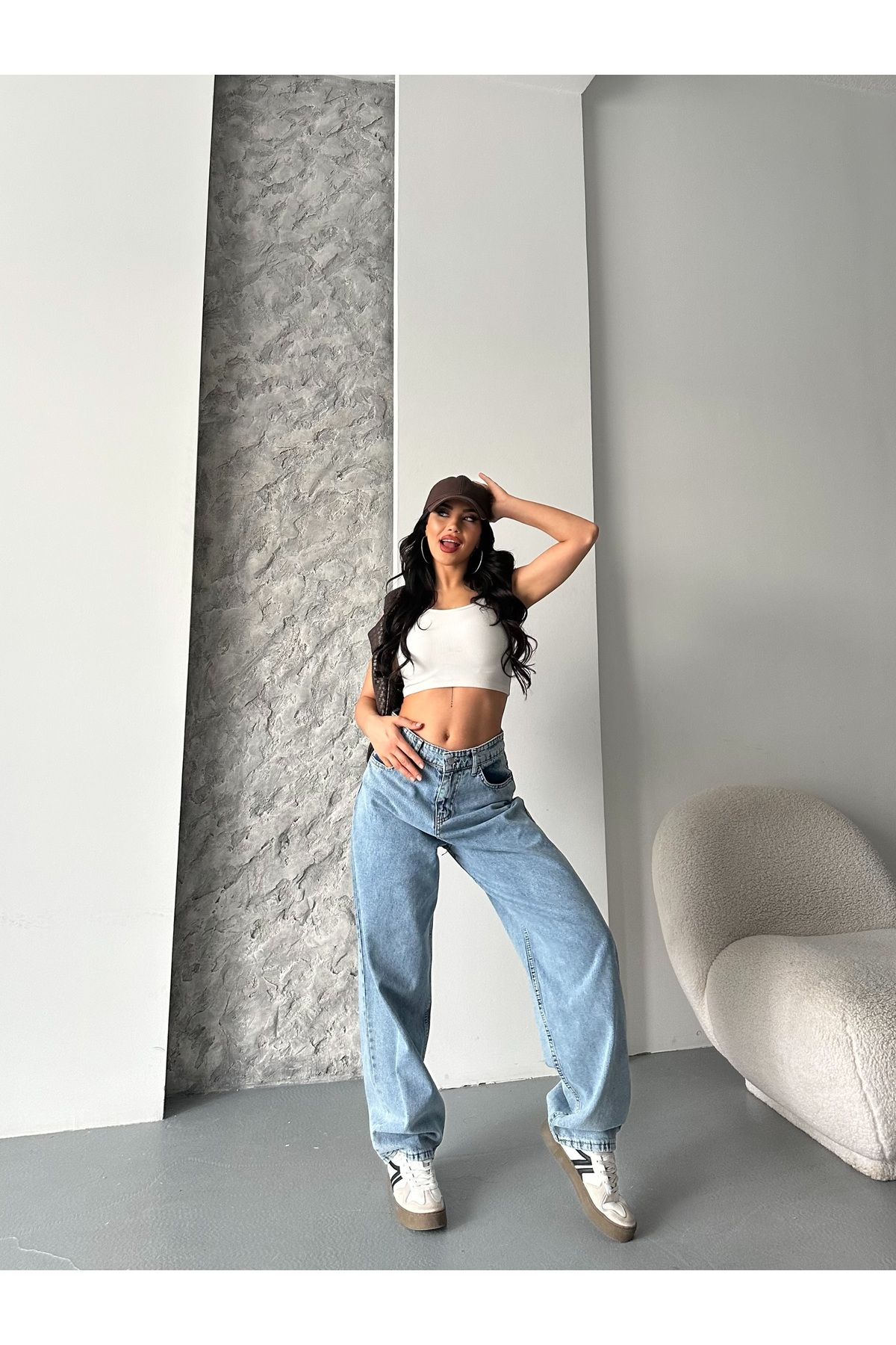 DESTEMODA Kadın Kot Baggy Jeans Denim Pantolon Kar Yıkama Mavi 4000