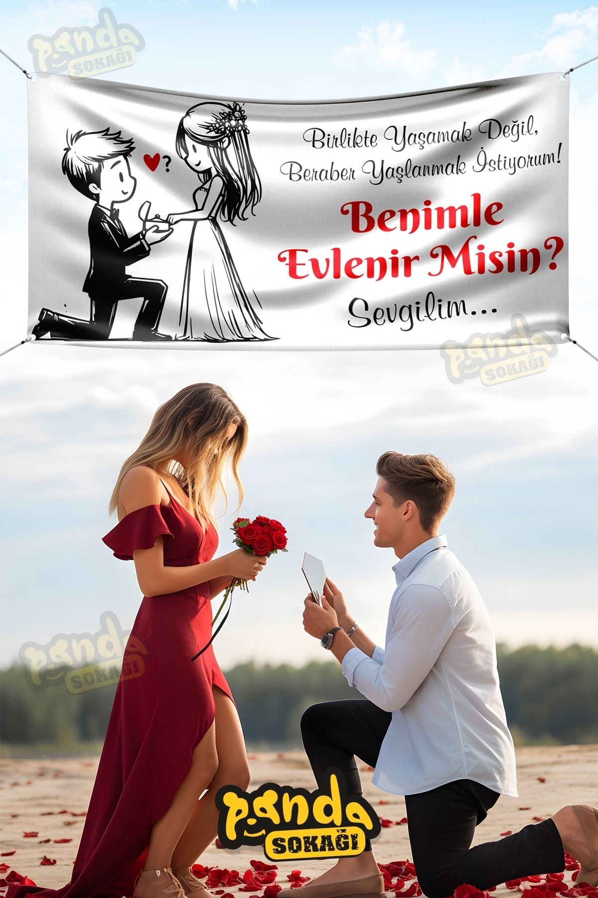 PANDA SOKAĞI Evlilik Teklifi Pankartı, Benimle Evlenir Misin Pankartı, Özel Gün Pankart, Evlilik Teklifi 200x100