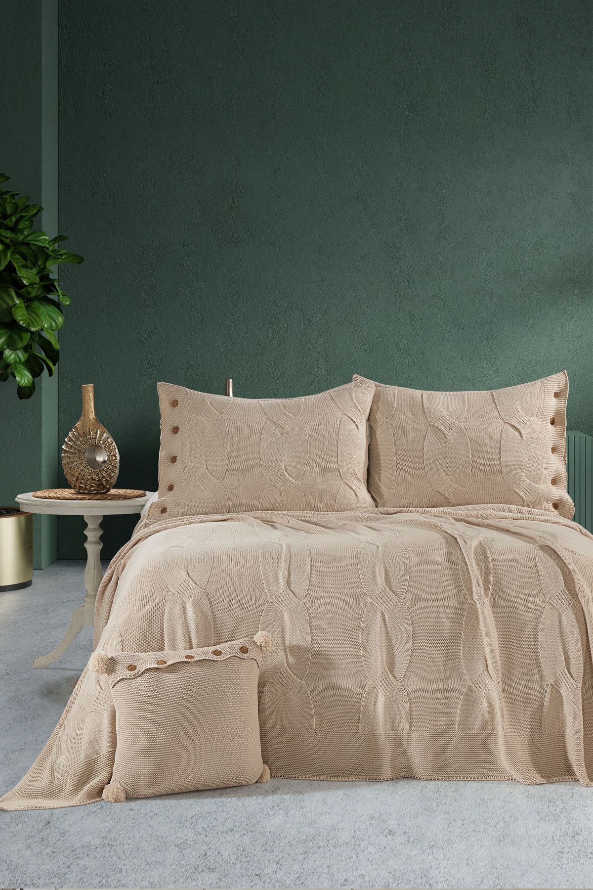 DOUX HOME Calve Çift Kişilik Triko Yatak Örtüsü Seti 240 x 260 cm Taş