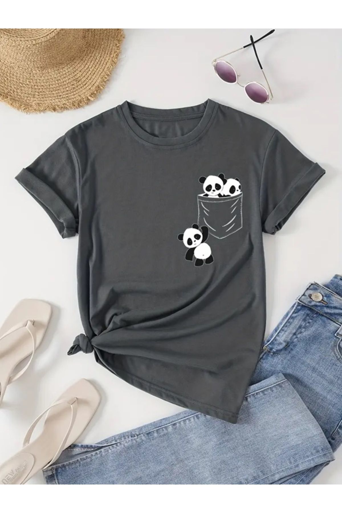 EXPECTED Unisex Sevimli Pandalar Baskılı Pamuklu, Oversize, Şık, Günlük T-shirt