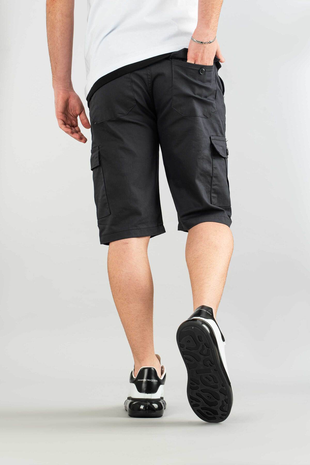 bombe  Erkek Füme Basic Gabardin Bermuda Kanvas Likralı Kargo Cepli Şort - Görsel 7