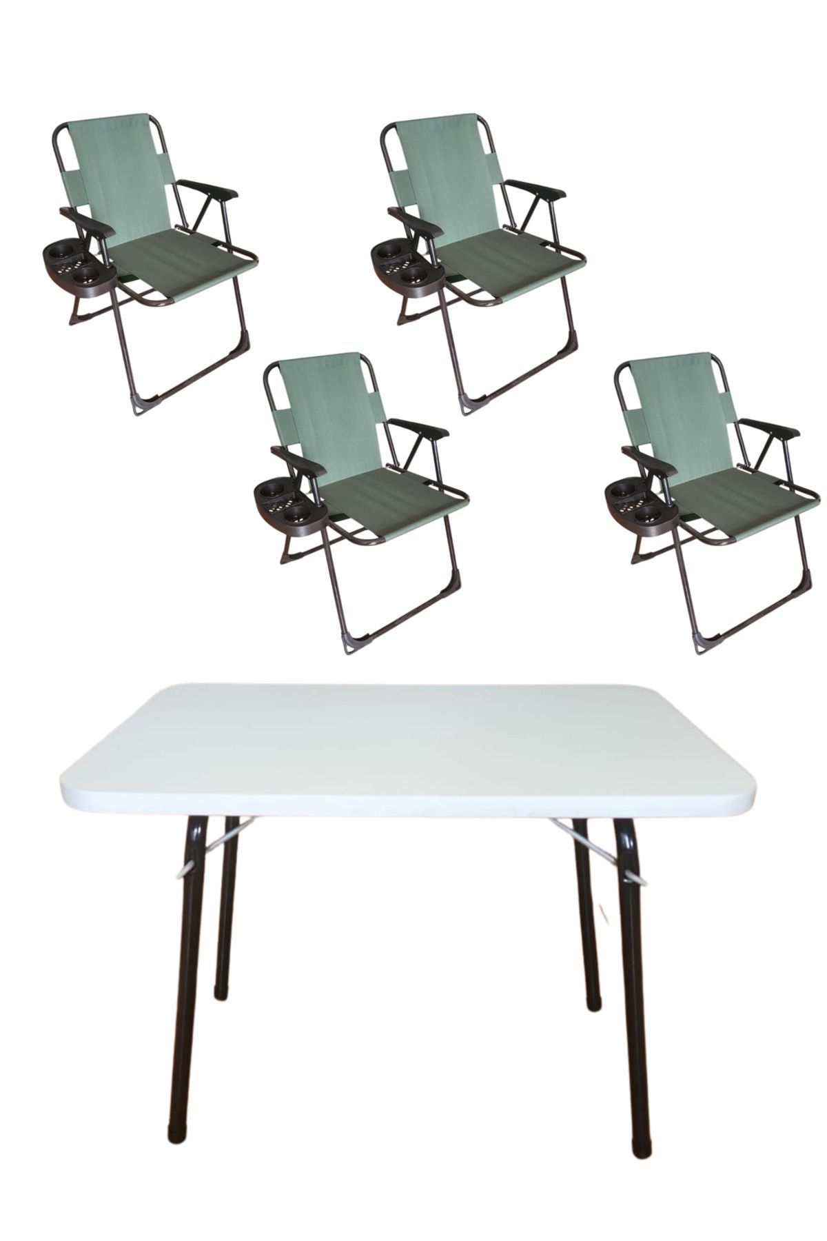 Tedarikcenter 4 Adet Lüks Plastik Kollu Bardaklıklı Kamp Sandalyesi Ve 1 Adet 60x45 Cm Katlanır Beyaz Masa