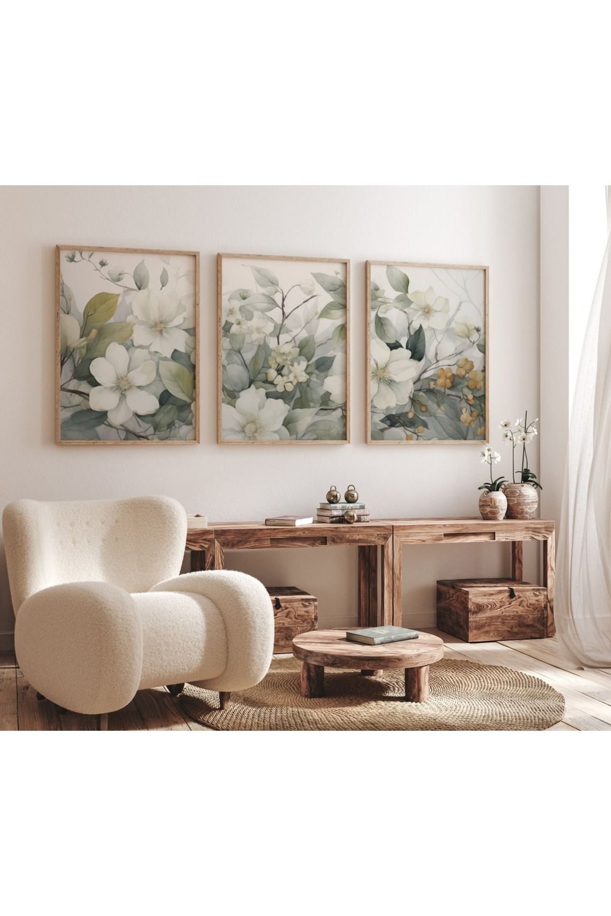 Dekorsiahome 3 Parça Ahşap Çerçeveli Oturma Odası Salon Mutfak Tablo Seti SET3189