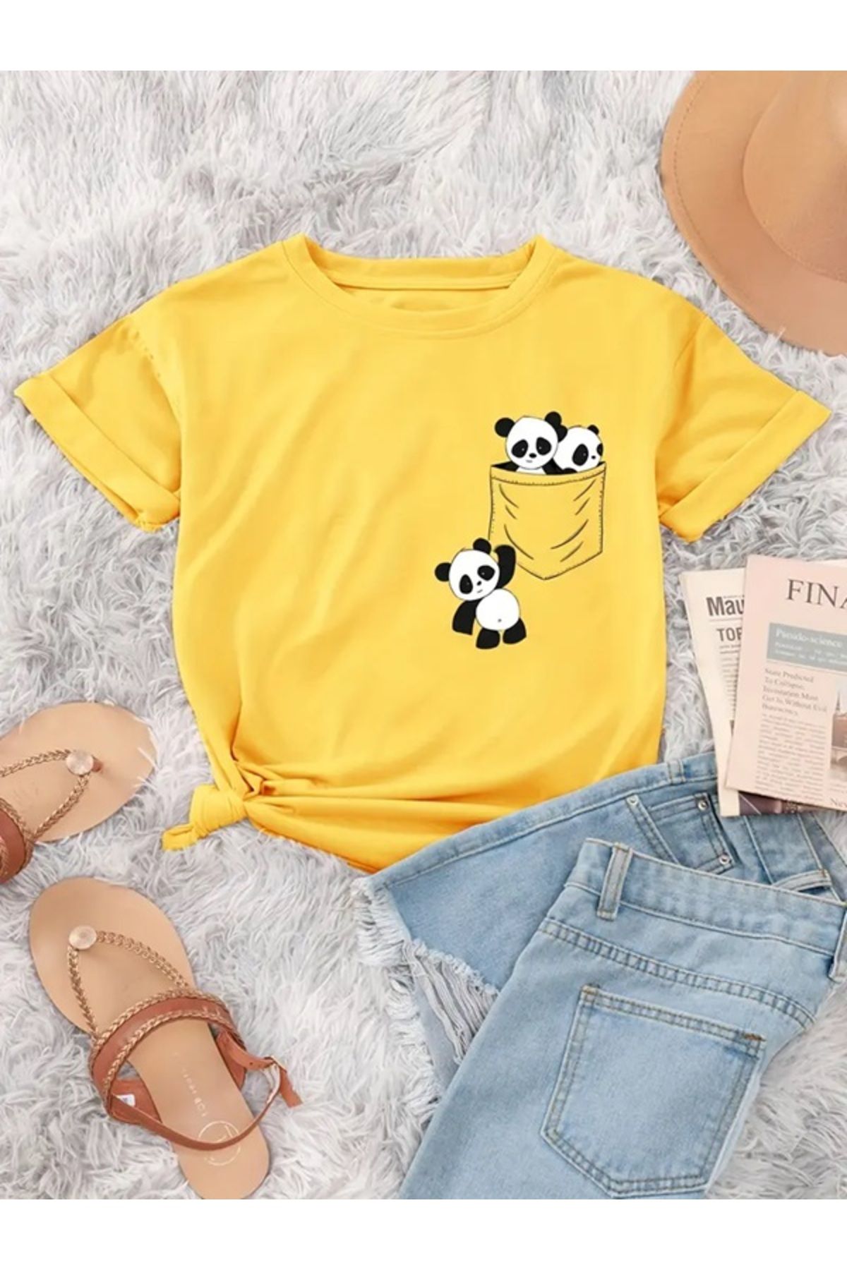 EXPECTED Unisex Sevimli Pandalar Baskılı Pamuklu, Oversize, Şık, Günlük T-shirt
