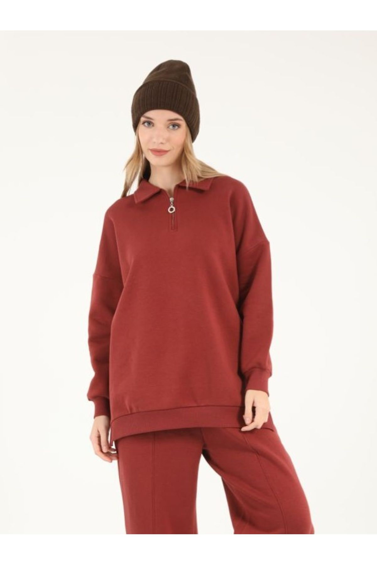 Suede Style 5409 - 3 İplik Rahat Önü Fermuarlı Kadın Uzun Sweatshirt