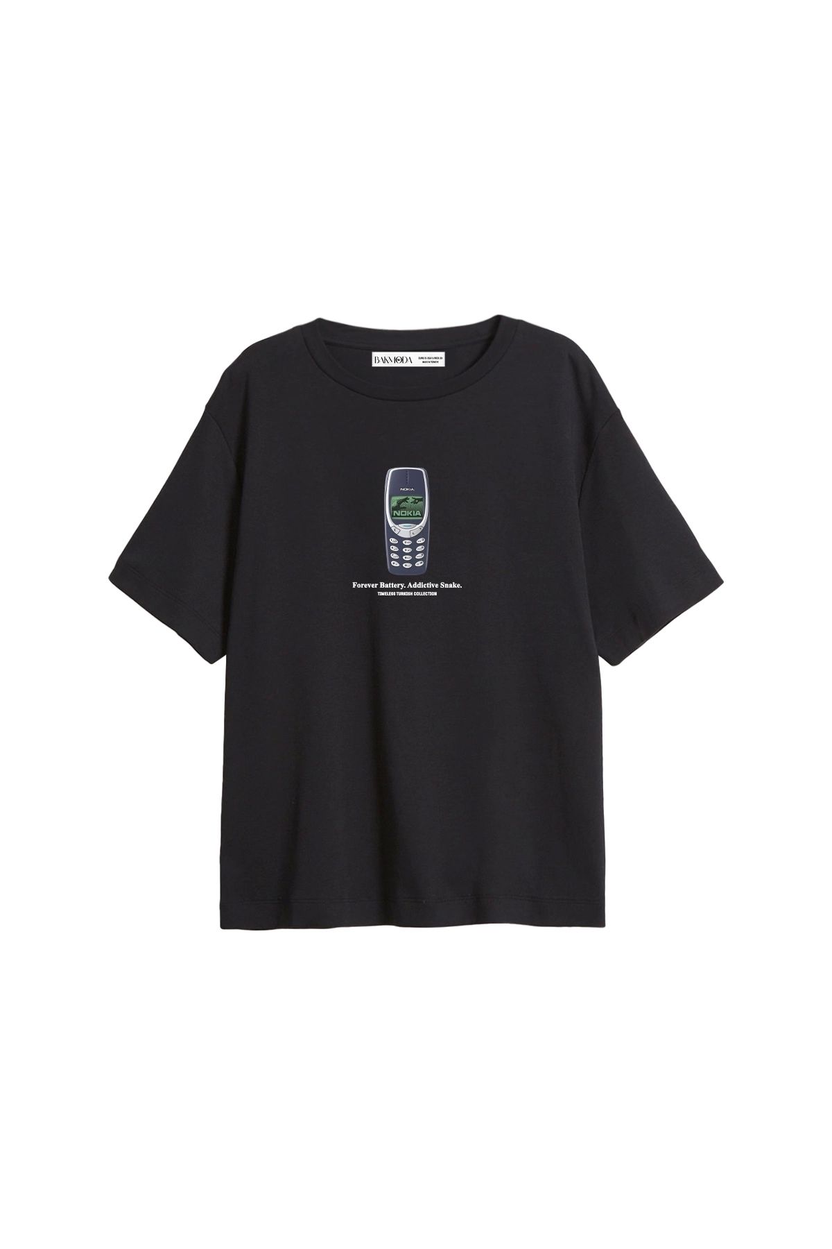 Bak Moda Forever Battery Baskılı Relaxed Fit Siyah Kadın Tshirt