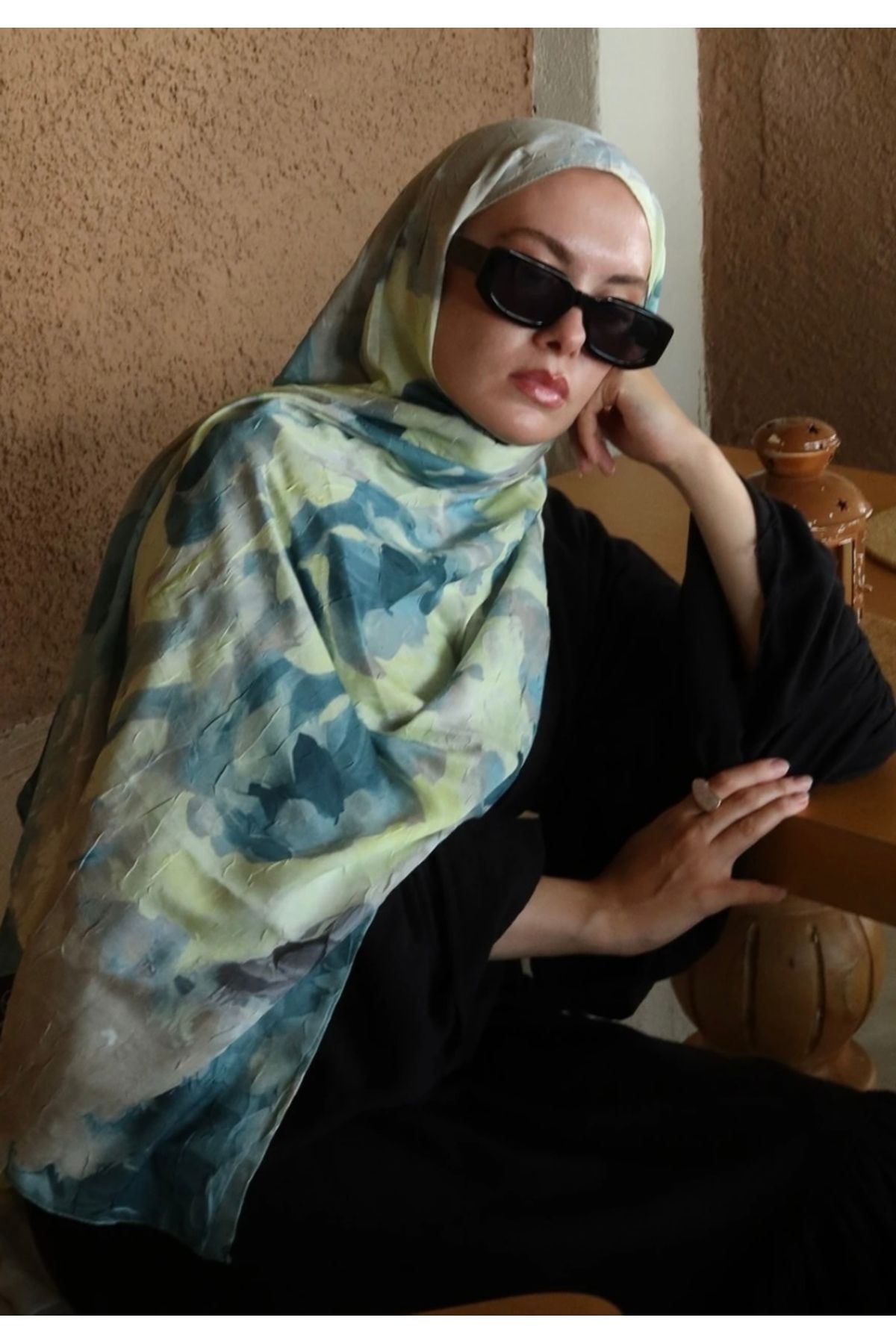 Modakaşmir Soyut desen bambu yeşil şal