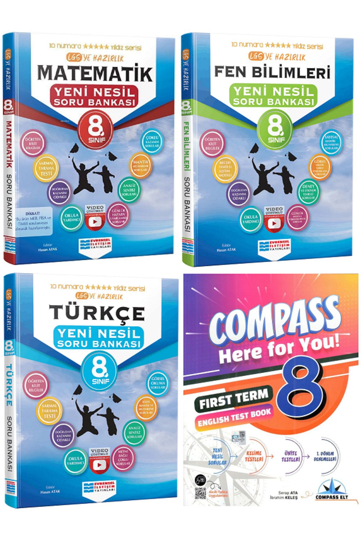 Evrensel İletişim Yayınları 8.Sınıf Evrensel Matematik + Fen + Türkçe Soru Bankası + COMPAS İngilizce Test Book HEDİYELİ -4KİTAP