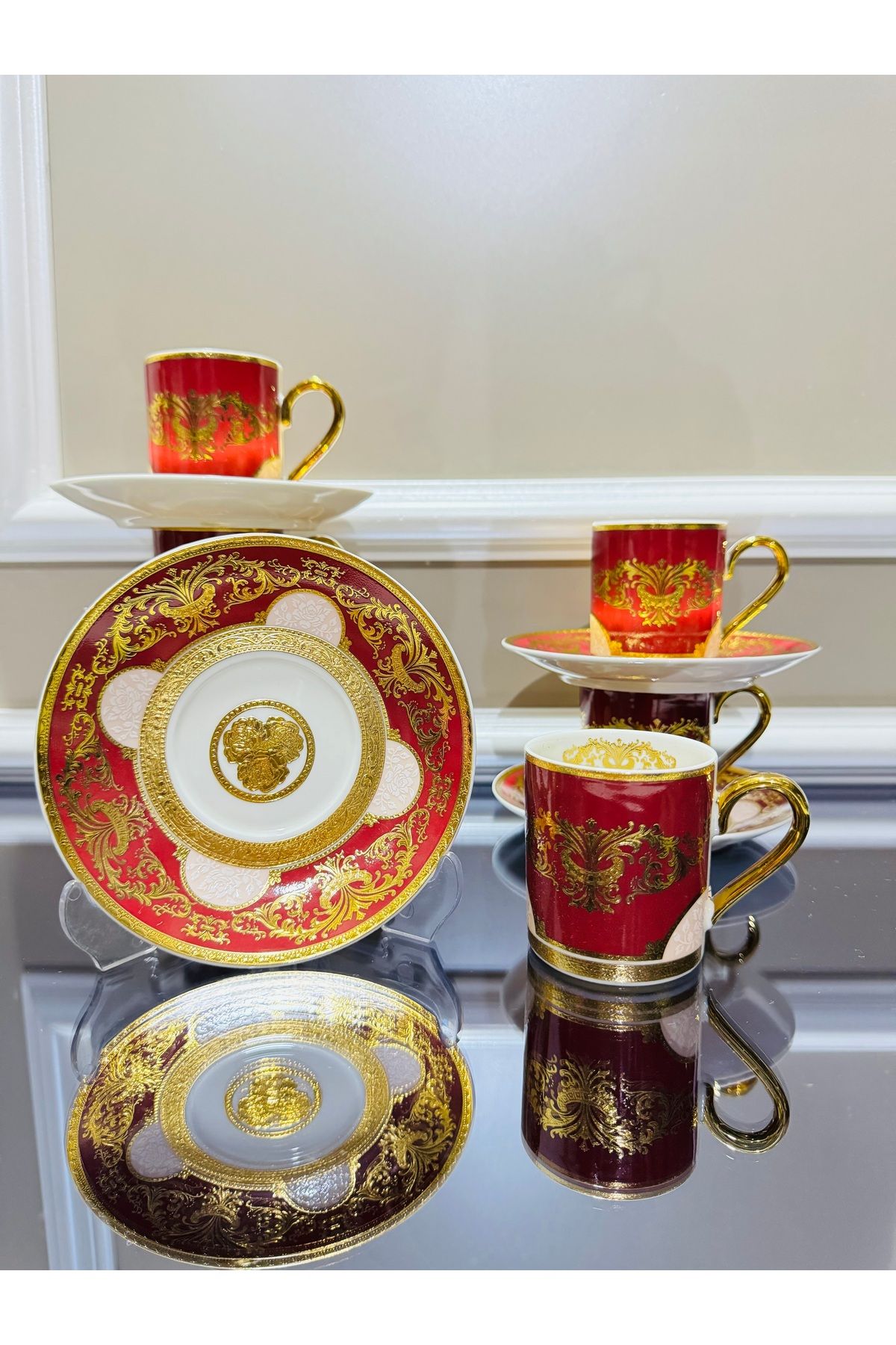 EVRA Bovaria 24K Altın Kabartma Handmade 6 Kişilik Fincan Takımı m7
