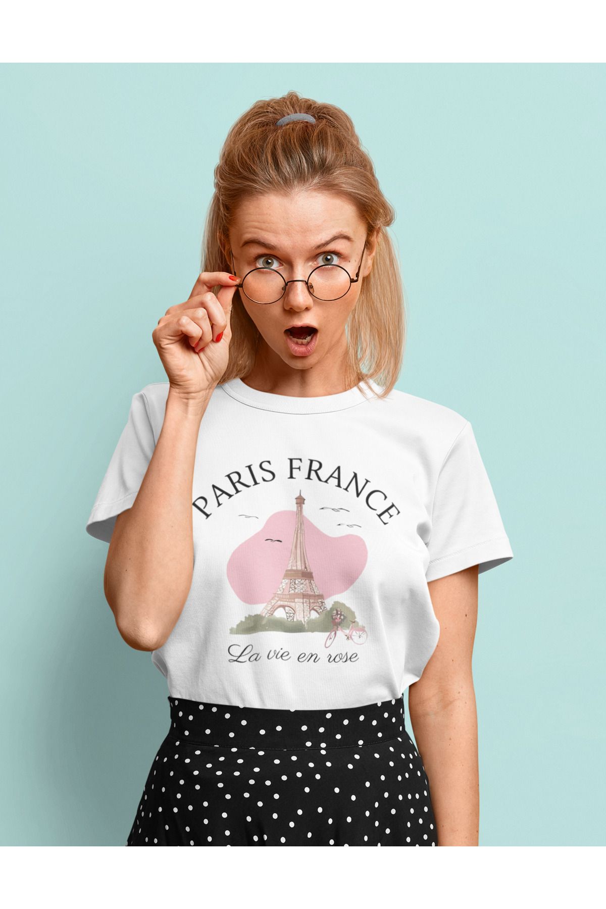MAGORS PARIS FRANCE BASKILI STANDART KALIP BİSİKLET YAKA PAMUKLU KADIN TSHIRT