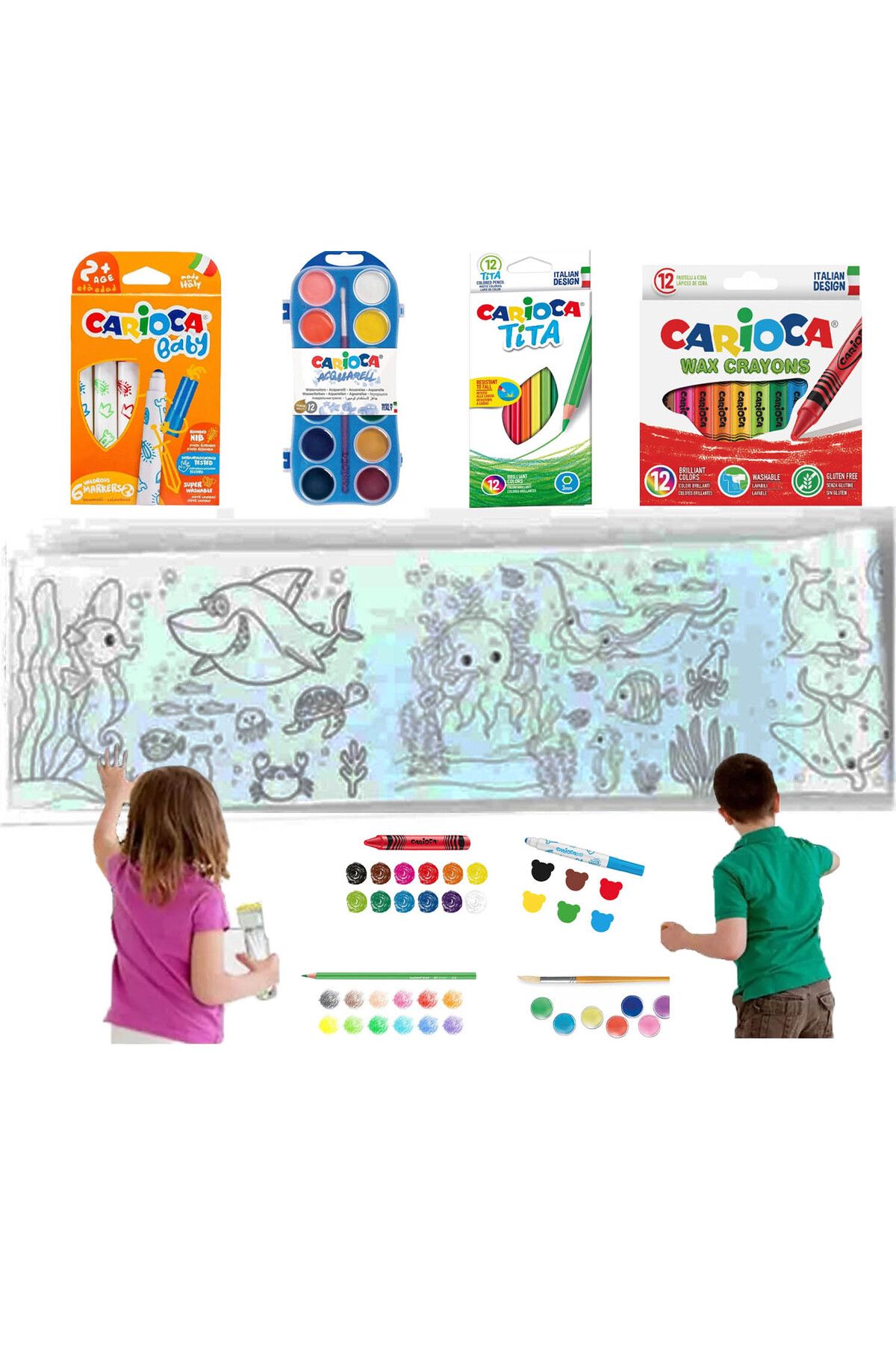 OFİSİNN Carioca 4'lü Boyama Seti + Lino Yapışkanlı Boyama Kağıdı 86x20 cm Sea World