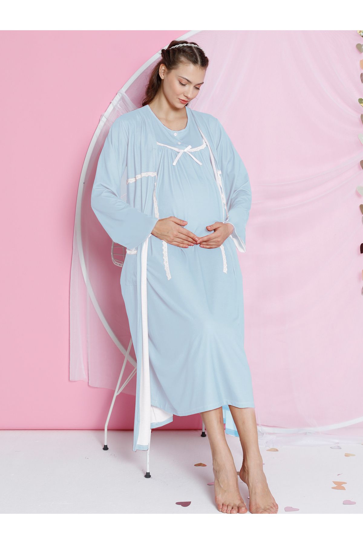 JENİKA Kadın Hamile İnce Dantel Açılabilir detaylı 2 li Pijama Takımı