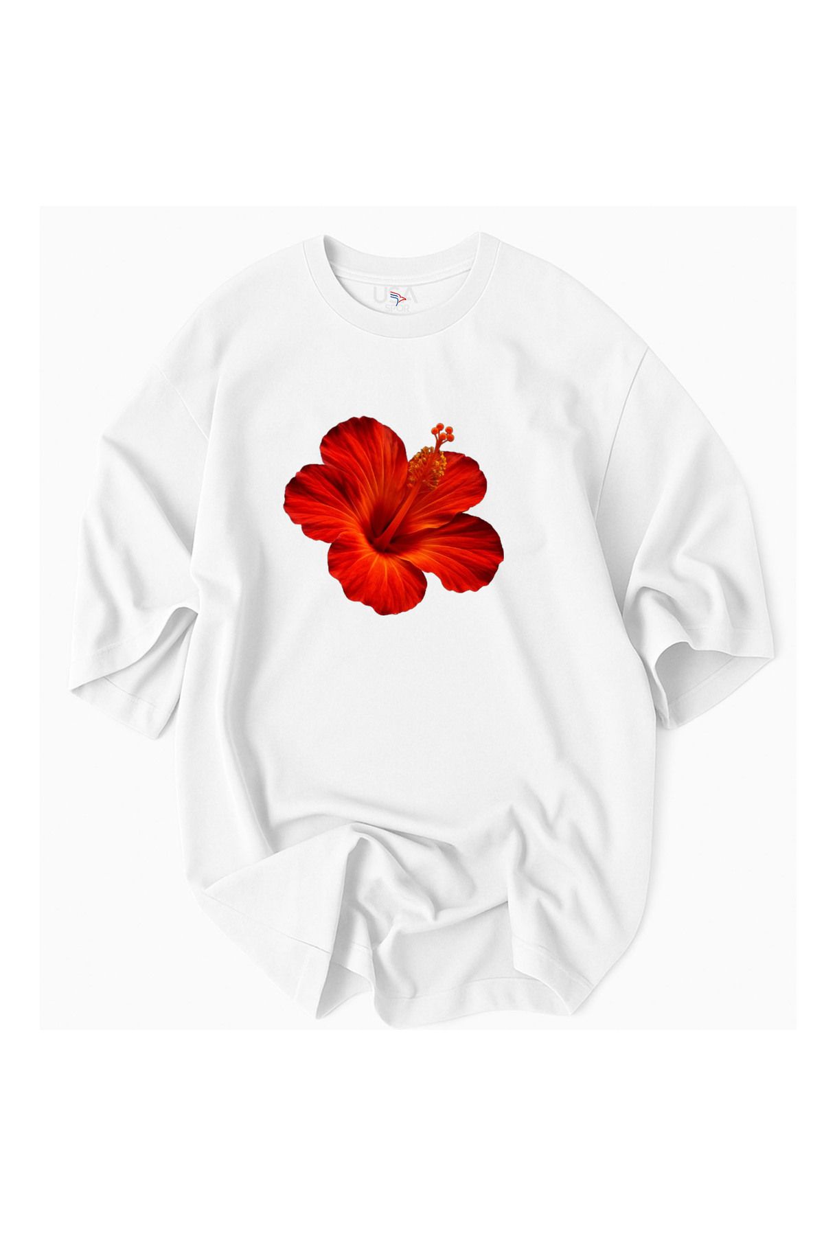 Korefanzin Kadın Hibiscus Çiçek desenli %100 Pamuklu Premium T-Shirt -1610622-620