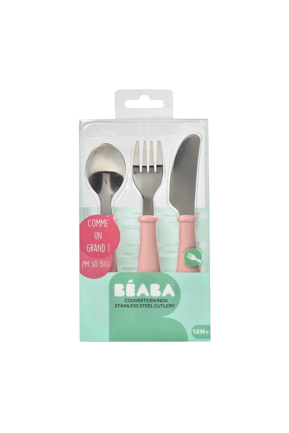 Beaba Paslanmaz Çelik Çatal Bıçak Kaşık Seti, Old Pink