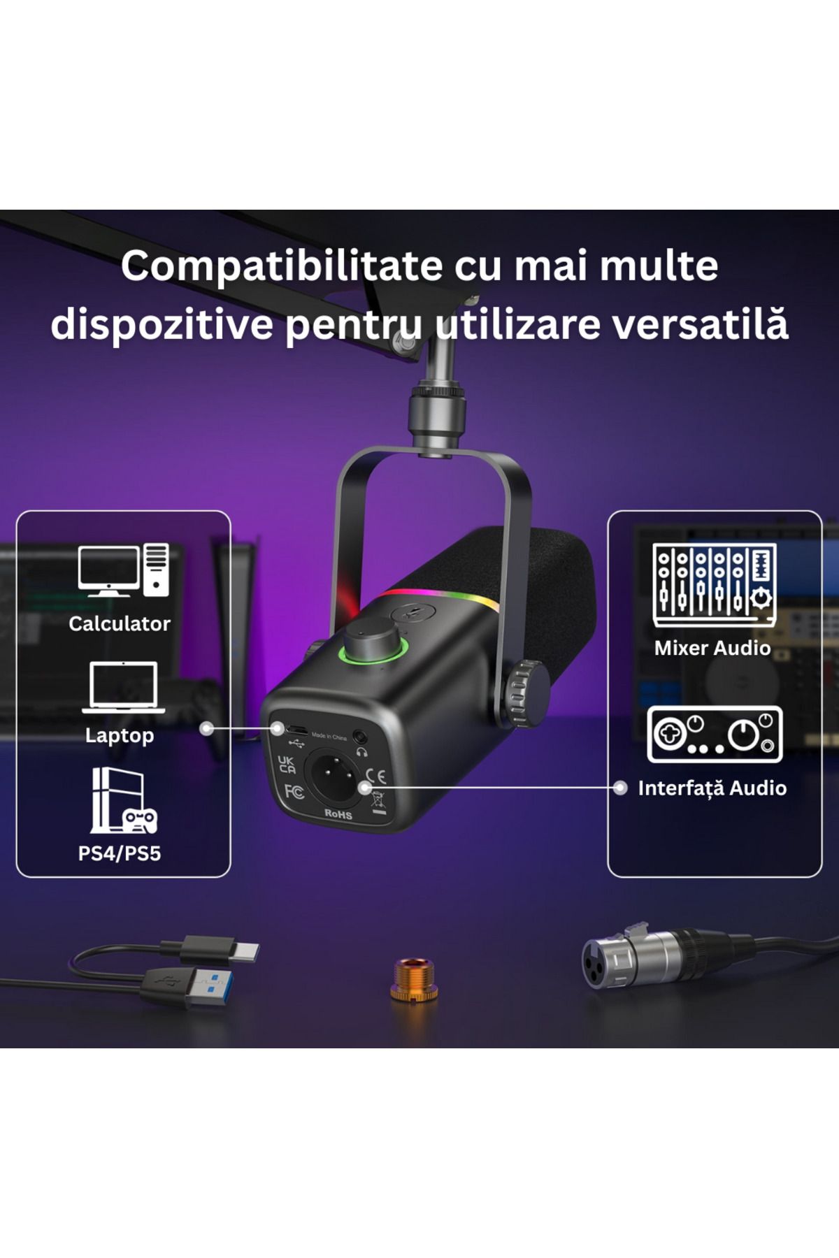 Velixo-Kd8s Professional Microphone, Usb & Xlr, Cardioid, Noise Reduction, Mute, Rgb, Adjustable Arm 2
