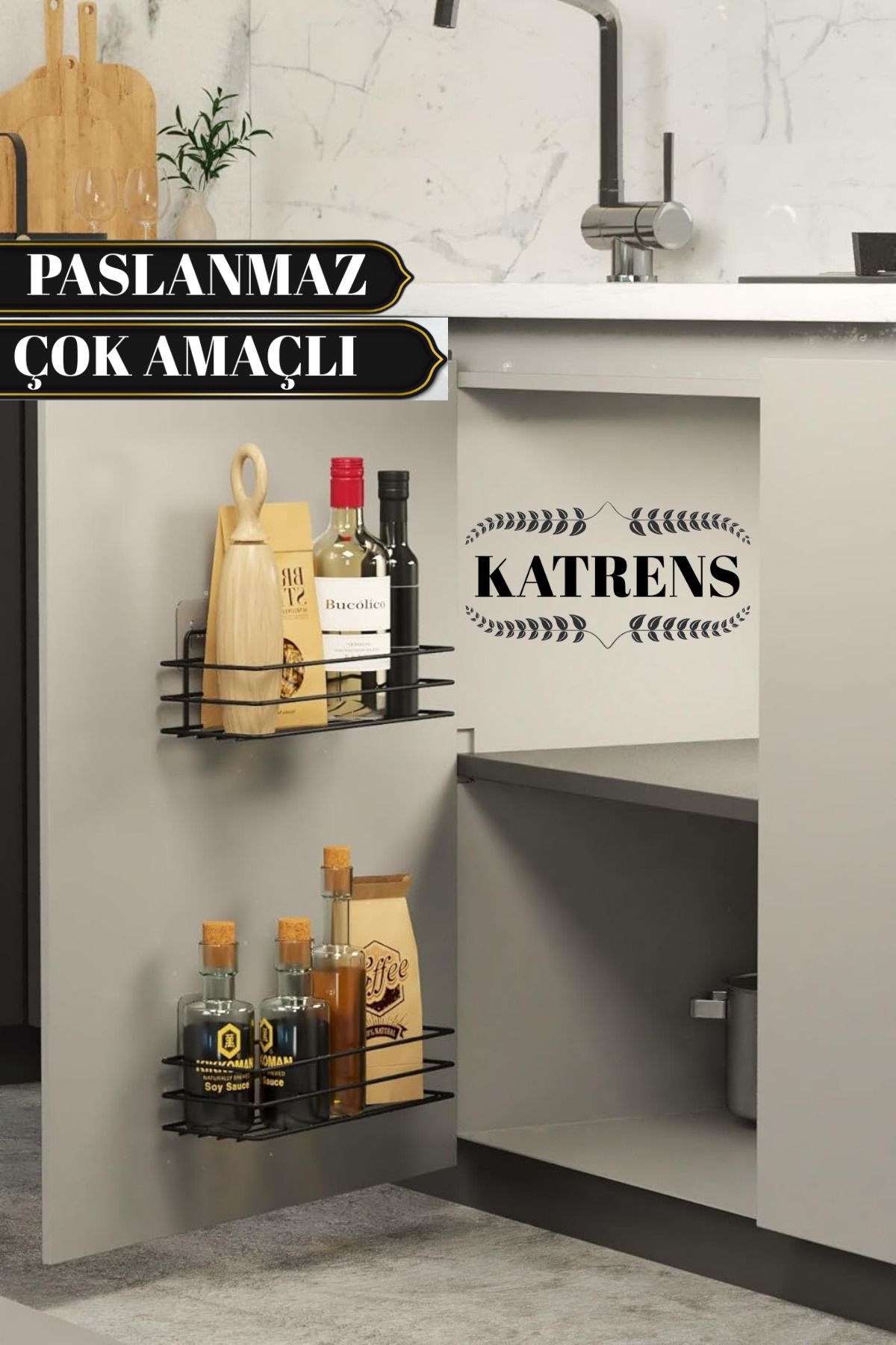 Katrens Dolap Kapağı Rafı Yapışkanlı 2 li set Mutfak Tezgah Düzenleyici Duvar Organizer