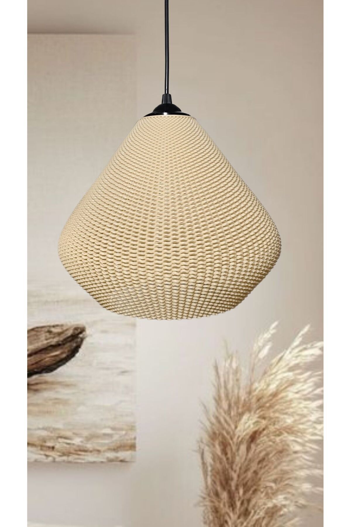 decory Gruis Hasır Yüzey Avize, Rattan Görünümlü Tasarım Tekli Sarkıt Avize (PLASTİK) E27
