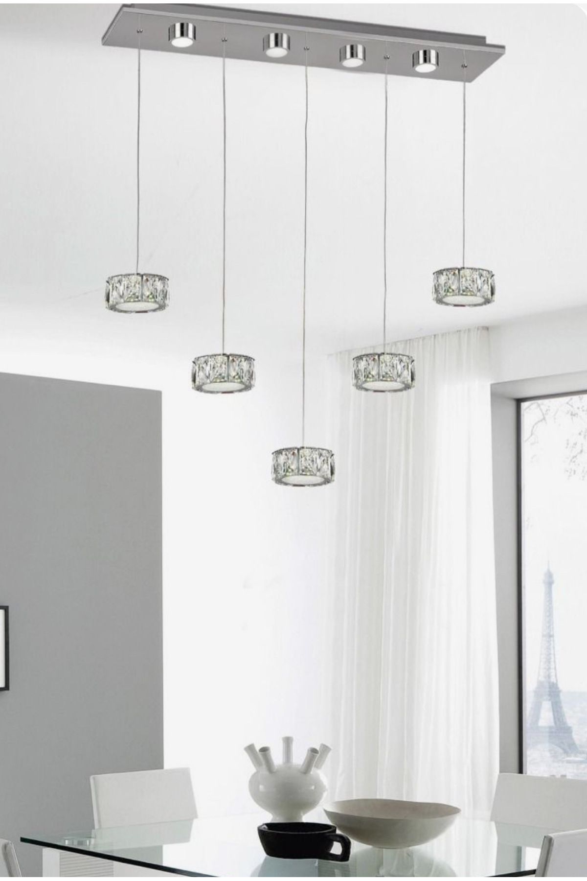 burenze Modern Luxury Kristal Taşlı Led Avize Krom Gövde 5’li Sıralı Kumandalı 3 Renk Gümüş