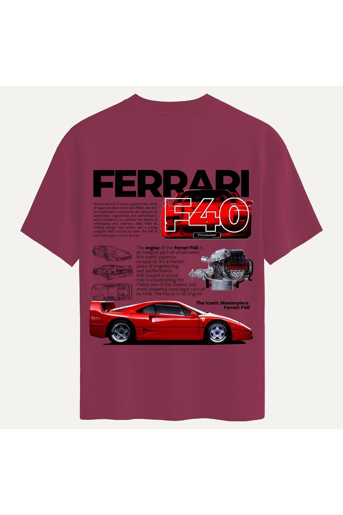 SOFTWAY Unisex Bisiklet Yaka %100 Organik Pamuklu Kalın Dokulu Ferrari F40 Baskılı Oversize T-shirt - BORDO