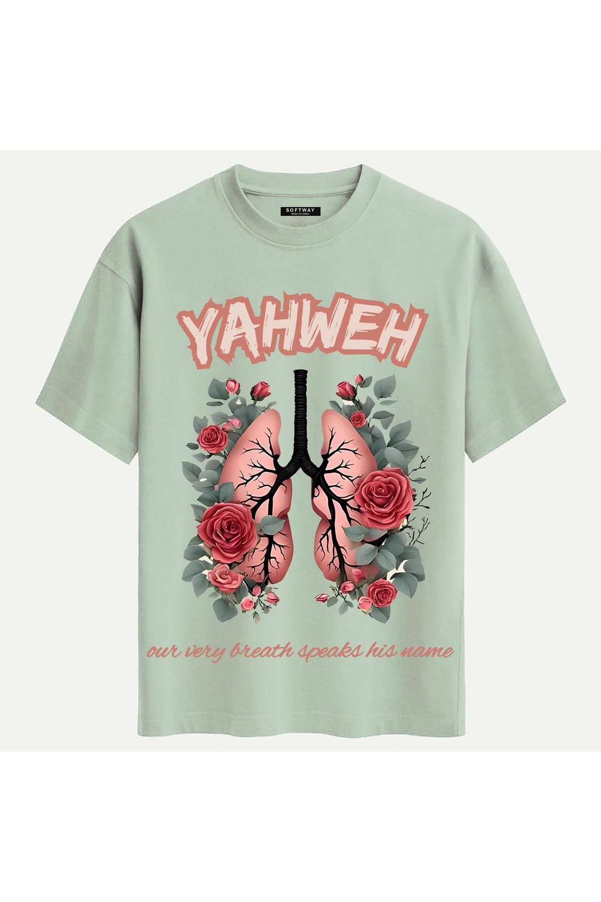 SOFTWAY Unisex Bisiklet Yaka %100 Organik Pamuklu Kalın Dokulu YAHWEH Baskılı Oversize T-shirt - BEJ